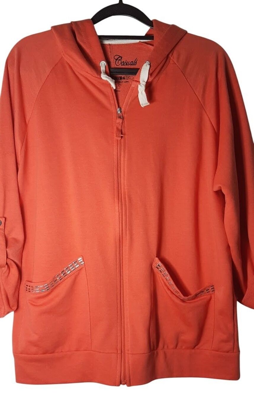 Onque Casuals Women’s Orange Zip Hoodie Jacket Small Rhinestone Trim Pockets